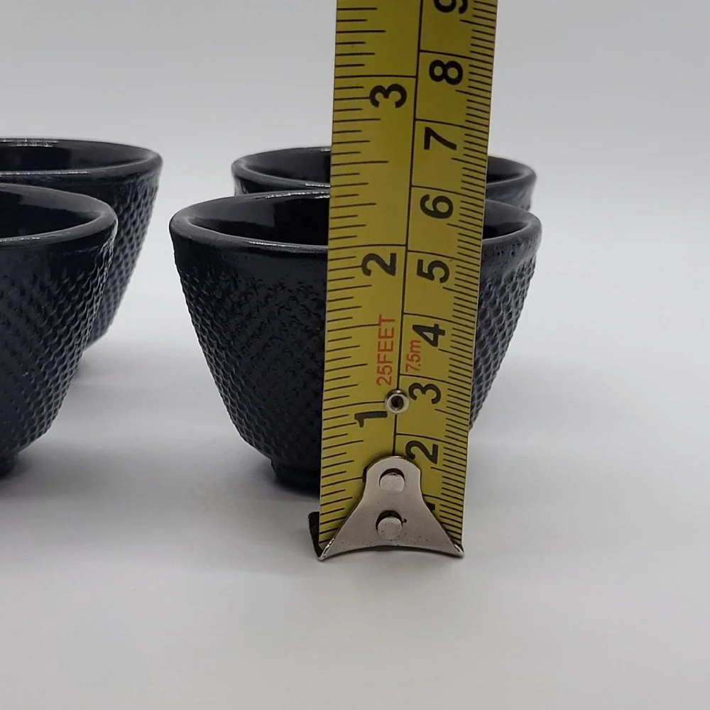 Set of 4 Cast Iron Tea Cups Black Hobnail Japanese Style Enamel Lined Arare 2in